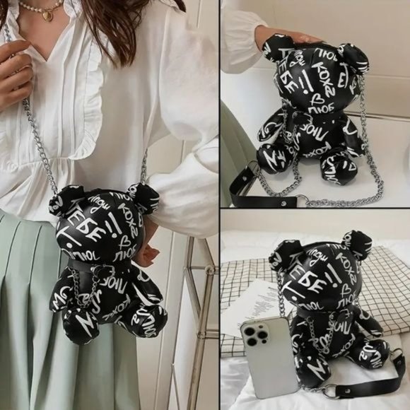 Letter Print Bear Doll Shape Shoulder Bag, Zipper FauxLeather Buckled Chain Cr - Picture 2 of 13